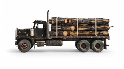 Timber truck transporting wood unprocessed logs Concept of deforestation transportation of commercial timber Isolated on a white background : Generative AI