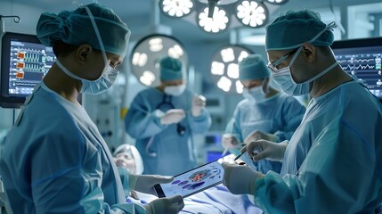 Image of cardiograph over diverse surgeons using tablet at hospital Medicine healthcare and digital interface concept concept digitally generated image : Generative AI