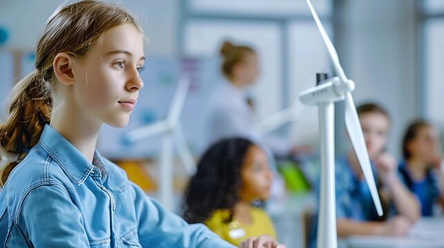 Secondary Or High School Students Studying Wind Turbines In Science Class With Teacher In Background : Generative AI