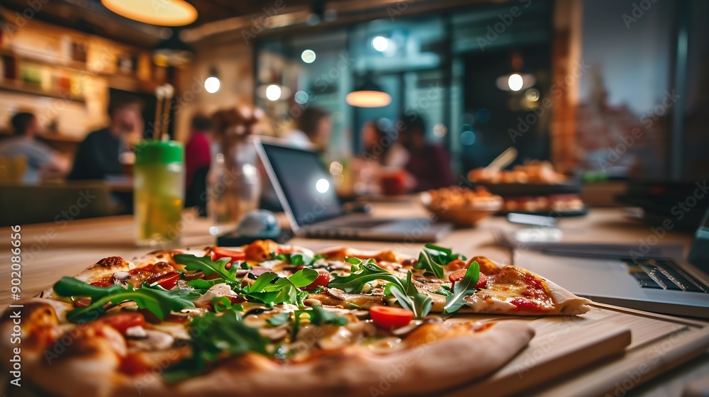 Aufkleber business meeting laptop and people for design at night in office creative agency and overtime food f