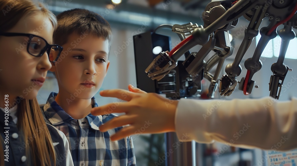 Poster smart boy and two talented girls making a presentation about a giant mechanical hand that moves on h