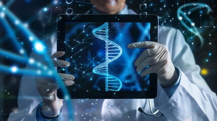 Medical Technology Doctor using digital tablet with DNA genetics medical research science and experiment  Healthcare and medicine concept innovation health technology global health car : Generative AI