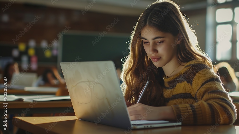 Poster student laptop and portrait in classroom writing notes for college course test and campus work femal