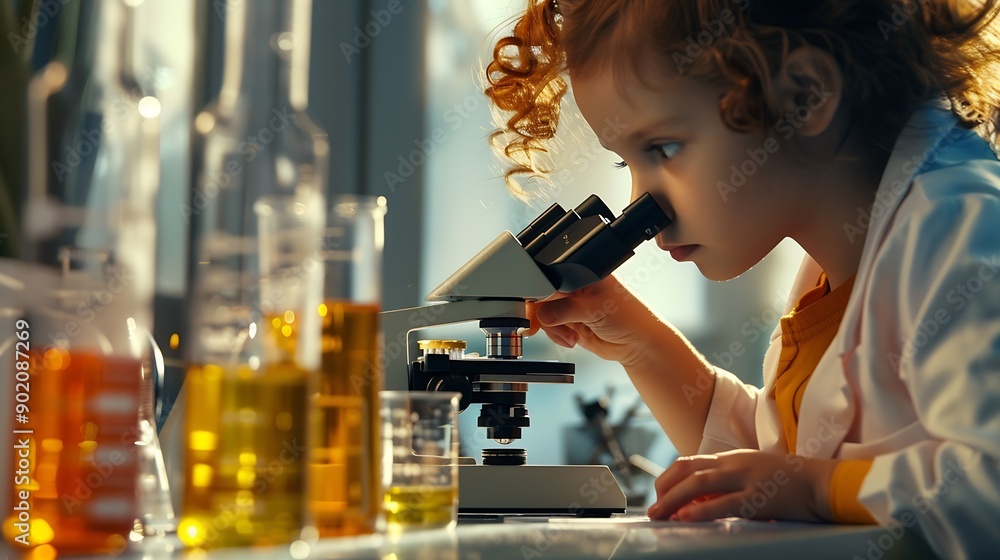 Aufkleber little scientist looking through a microscope and test tubes filled with chemicals for learning about science and experiments : Generative AI