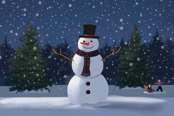 Obraz premium Illustration of a Classic Snowman in a Snowy Forest