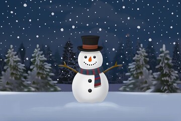 Obraz premium Illustration of a Classic Snowman in a Snowy Forest
