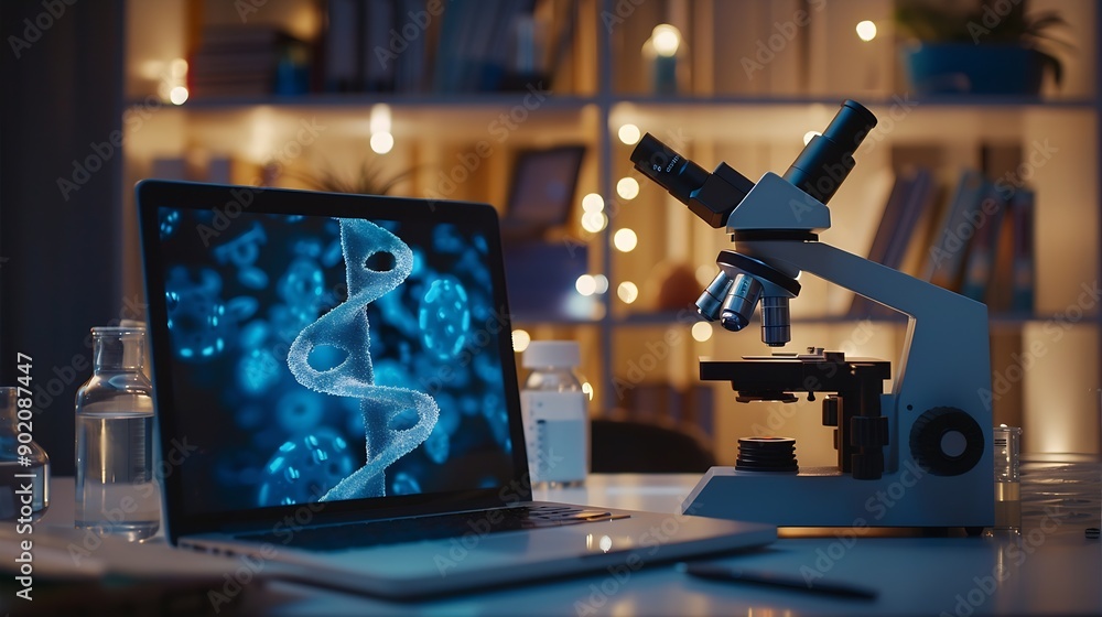 Poster science microscope and laptop in lab with research for sample analysis medical experiment or dna tes