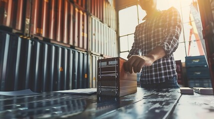 Business man arranging stack of freight containers on his table in office Logistics freight transportation and trading worldwide Imports export and international distribution concept : Generative AI