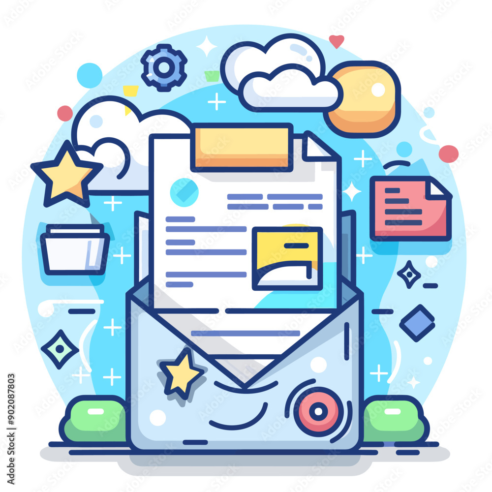 Poster envelope with document. vector illustration in thin line style