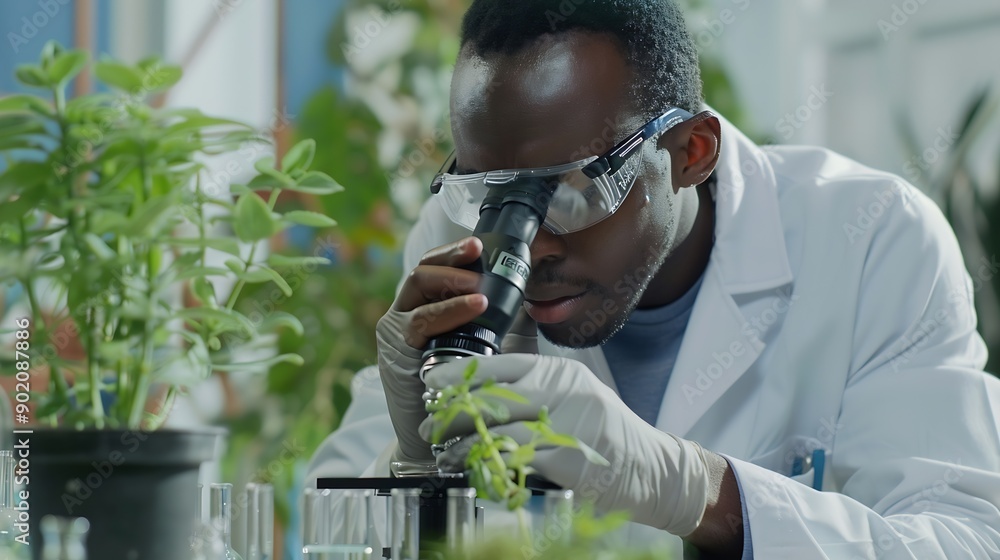 Aufkleber black man scientist and lab with test tube research microscope and focus for agriculture study with 