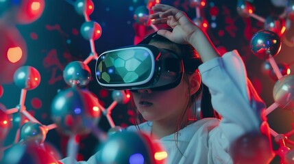Child Explores Molecular Models with VR Glasses Girl Wearing Reality Headset Interacts with 3D Molecule Immersive STEM Education : Generative AI