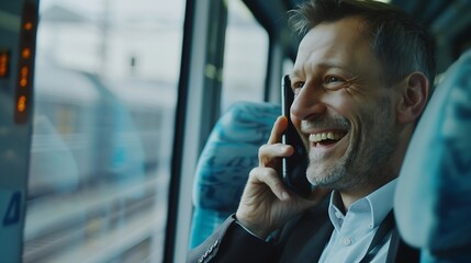 Smiling male investor talking to manager by using phone about project Happy caucasian business man receive good news about getting promotion while sitting on train Public transport Exu : Generative AI