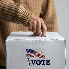 A person puts a US presidential election ballot into a ballot box
