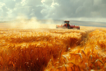 Fototapeta premium People and machinery harvest crops in the field, showcasing the synergy between human effort and modern technology in agriculture, leading to efficient and abundant harvests