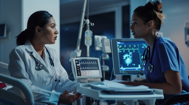 Image of heart rate monitor over diverse female doctor and healthworker discussing at hospital Medical healthcare and research science technology concept : Generative AI - Powered by Adobe