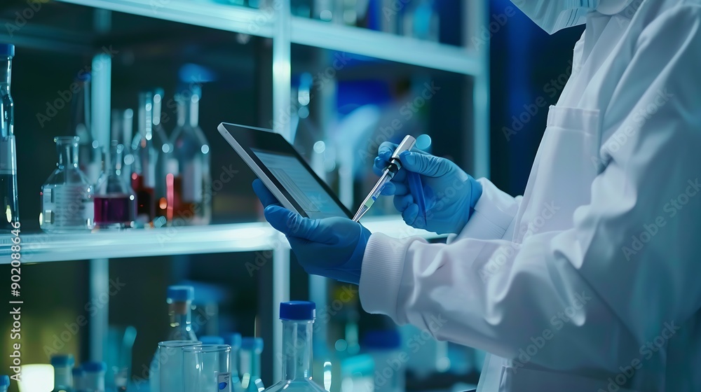 Poster science teamwork and scientist with tablet in laboratory for communication pharmaceutical review or 