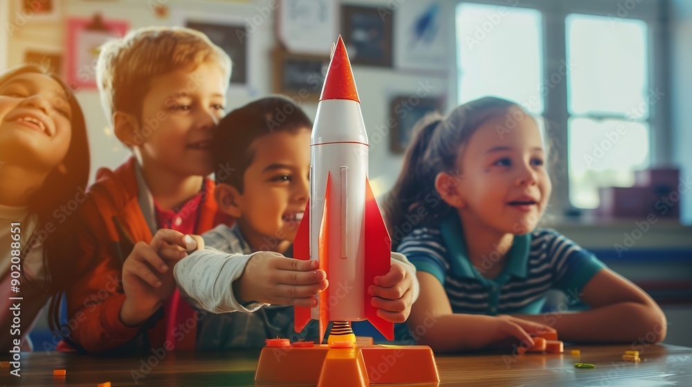Poster Elementary School Students Sitting Behind a Table in a Group Building a Space Rocket Model for a Science and Technology Fair Young Boys and Girls Wish to Become Engineers and Space Exp : Generative AI