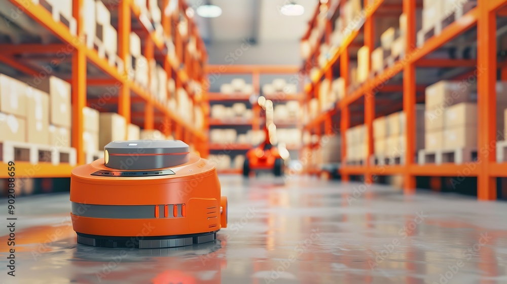 Poster Blur background of smart robotic machine inspecting product in storage Warehouse interior with shelves bins and a forklift Industrial storage and logistics facility Design for poster S : Generative AI