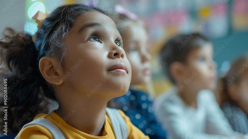 Poster talented small girl asking teacher a question in class portrait of a happy elementary school student