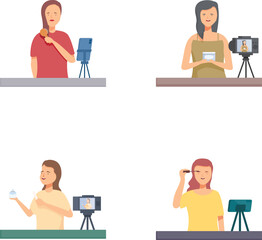 Illustration of women vloggers shooting videos, podcasting, and live streaming