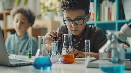 Students learning in science classroom Focused young boy students experiment with chemicals using flasks and test tubes with microscope and laptop on clean white desk in classroom : Generative AI