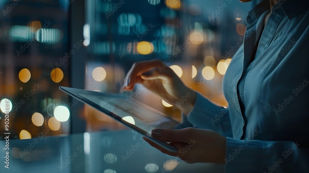 Aufkleber business woman tablet and typing in office for corporate communication internet research and network