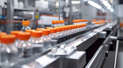 Advanced Bright Modern Pharmaceutical Factory Medical Ampoule Production Line Rows of Glass Vials with Orange Caps on Conveyor Belt Vaccine Production Facility Medication Manufacturing : Generative AI