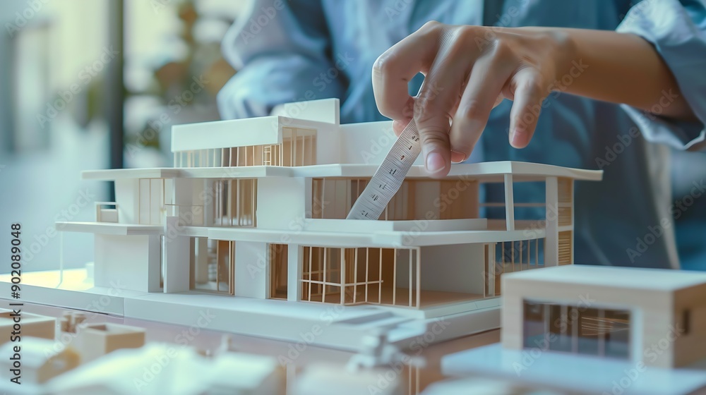 Poster Closeup of professional beautiful young architect engineer focus on measure house model length at modern office while analysis building structure for interior design Business design Im : Generative AI