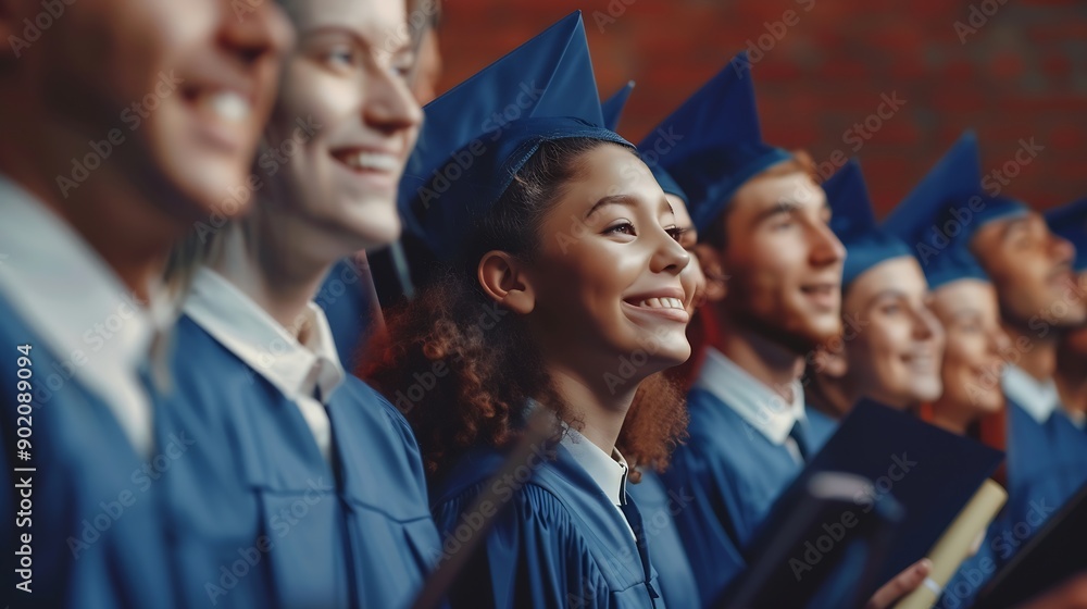 Aufkleber portrait of a group of smiling happy multiracial diverse graduates students standing in a row in a b