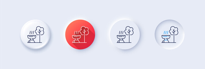 Grill line icon. Neumorphic, Red gradient, 3d pin buttons. Barbecue cooker for cooking food sign. Hot meat brazier symbol. Line icons. Neumorphic buttons with outline signs. Vector