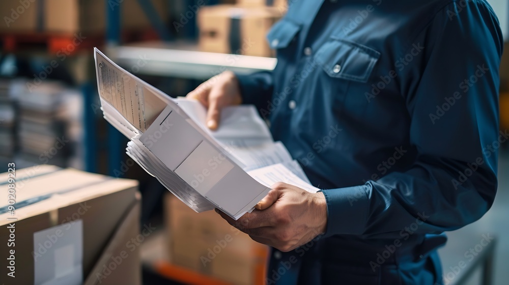 Aufkleber Exporting supervisor in charge of producing receipts for item administration tracking delivery and transportation requirements Manufacturing operator going over records for order submi : Generative AI