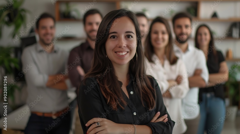 Poster arms crossed smile and portrait of employee group and creativity of writer female leader and startup