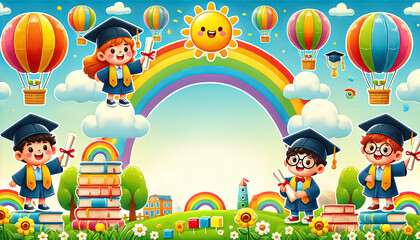 Naklejka premium Celebration concept with students celebrating graduation under rainbow, sun, clouds and balloons