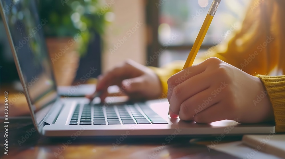 Aufkleber woman hand with pencil writing on notebook with laptop computer on office table student studying onl