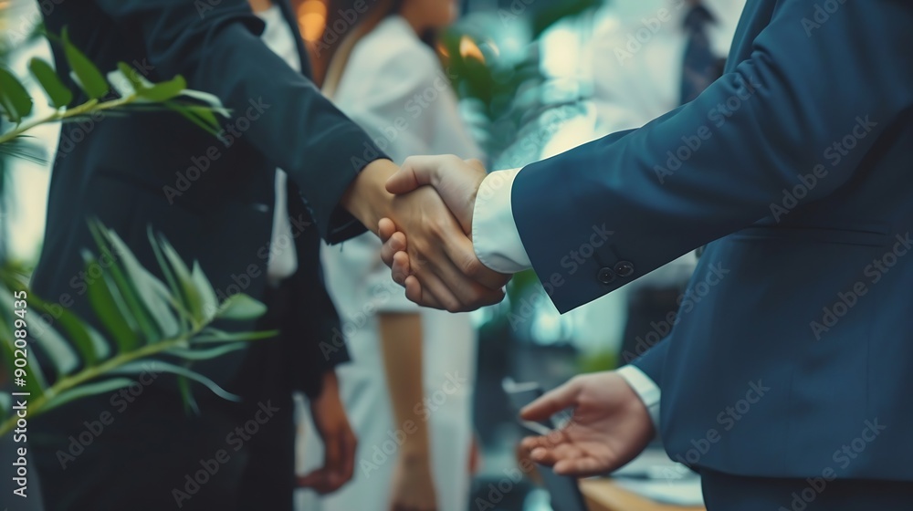 Aufkleber Trust handshake and business people in office for deal welcome or onboarding for b2b collaboration Partnership teamwork and shaking hands for agreement consulting or introduction in me : Generative AI