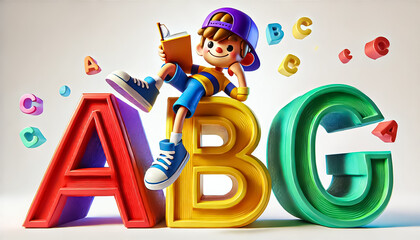 Alphabet concept with a boy reading a book