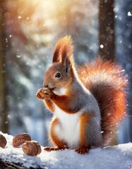 Cute red squirrel eats a nut in winter scene with nice blurred forest in the background