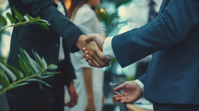 Trust handshake and business people in office for deal welcome or onboarding for b2b collaboration Partnership teamwork and shaking hands for agreement consulting or introduction in me : Generative AI