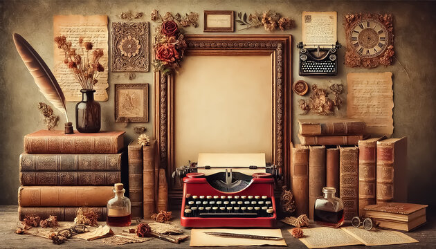 Desk concept in vintage style with elements such as typewriter, books and frame