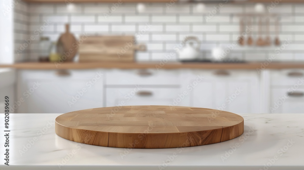 Poster empty beautiful round wood tabletop counter on interior in clean and bright kitchen background ready