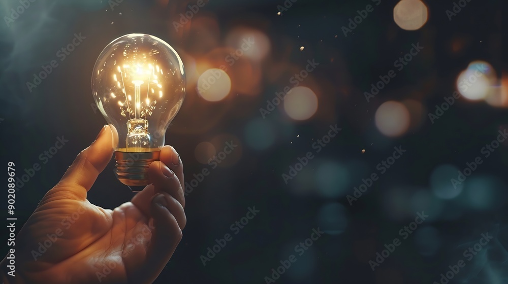 Poster Man hand holding lightbulb with learning educate and graduation concept study knowledge to creative thinking idea and problem solving solution Elearning online education course degree  : Generative AI