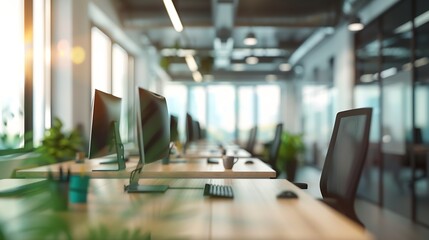 Blur background of modern office environment with multiple workstations and large windows Corporate interior photography Professional workplace concept Design for corporate workplace S : Generative AI