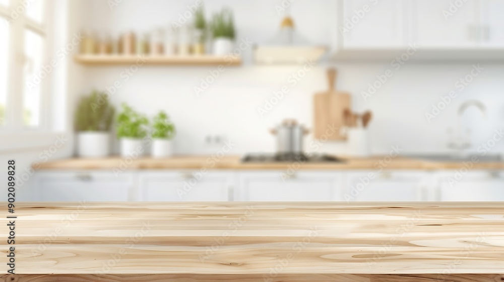 Poster kitchen table background wood counter top on blur of white clean abstract home interior with bokeh u