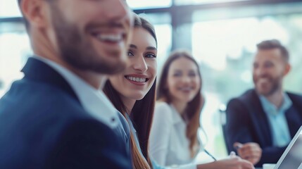 Obraz premium Happy business people and meeting with tablet in office for communication of company strategy and goals Smile corporate group and discussion with technology in boardroom for training i : Generative AI