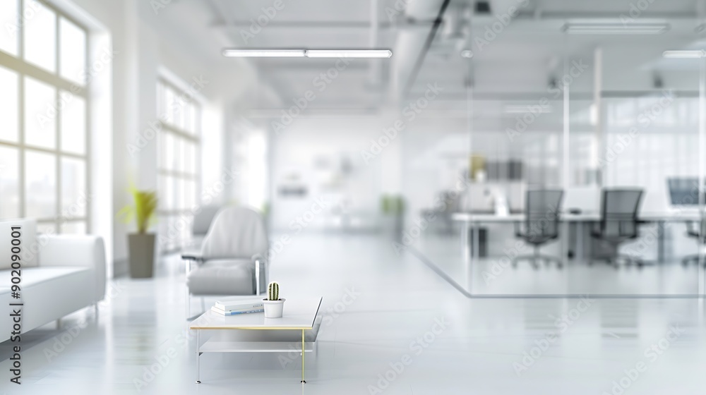Poster abstract blurred image of modern open space office with white interior concept full furniture for ba