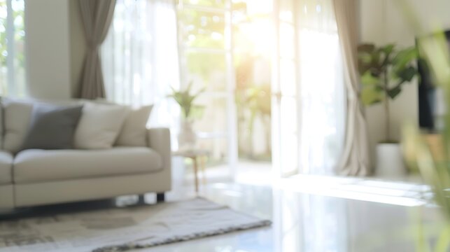 Blur living room at home with morning sunlight at big window for background usage blur interior background concept white britht tone : Generative AI