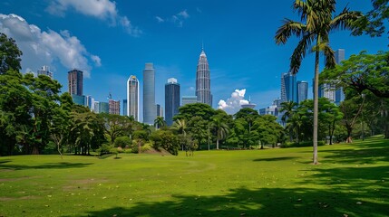 Obraz premium Scenic Kuala Lumpur skyline Amazing view of a green city park in Kuala Lumpur Malaysia Highrise buildings are visible on blue sky background Kuala Lumpur is a popular tourist destinati : Generative AI