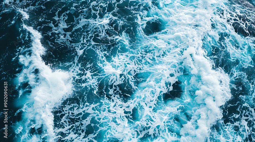 Poster overhead view turquoise stormy ocean waves with white foam in the oceansea water with splashes and f