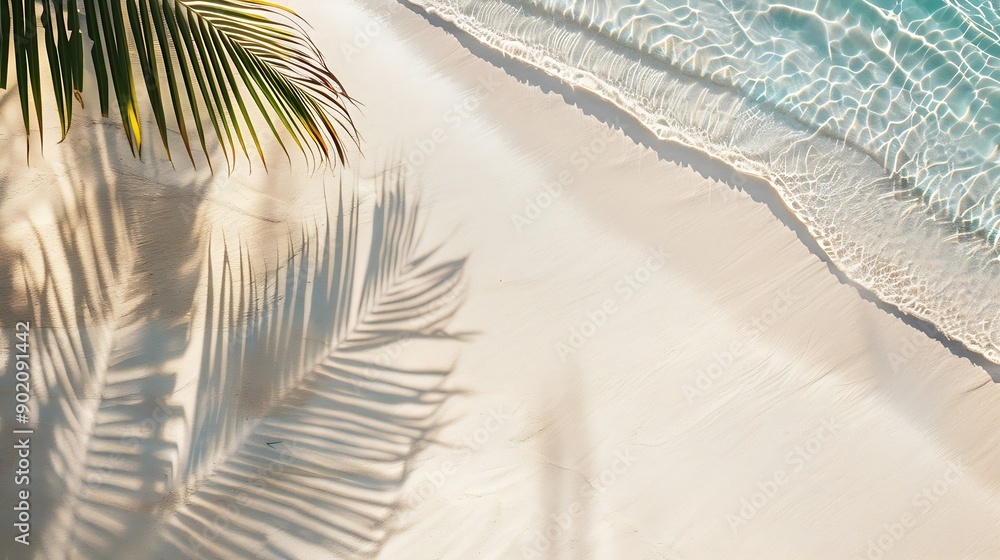 Poster empty abstract sand beach with palm leaf shadow and transparent water wave from above blank background banner for travel vacation and wellbeing with copy space : Generative AI