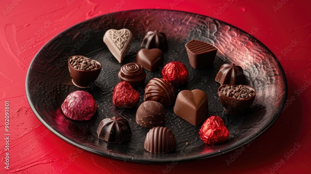 Poster a plate of assorted chocolates with a red background. the plate is black and the chocolates are of d